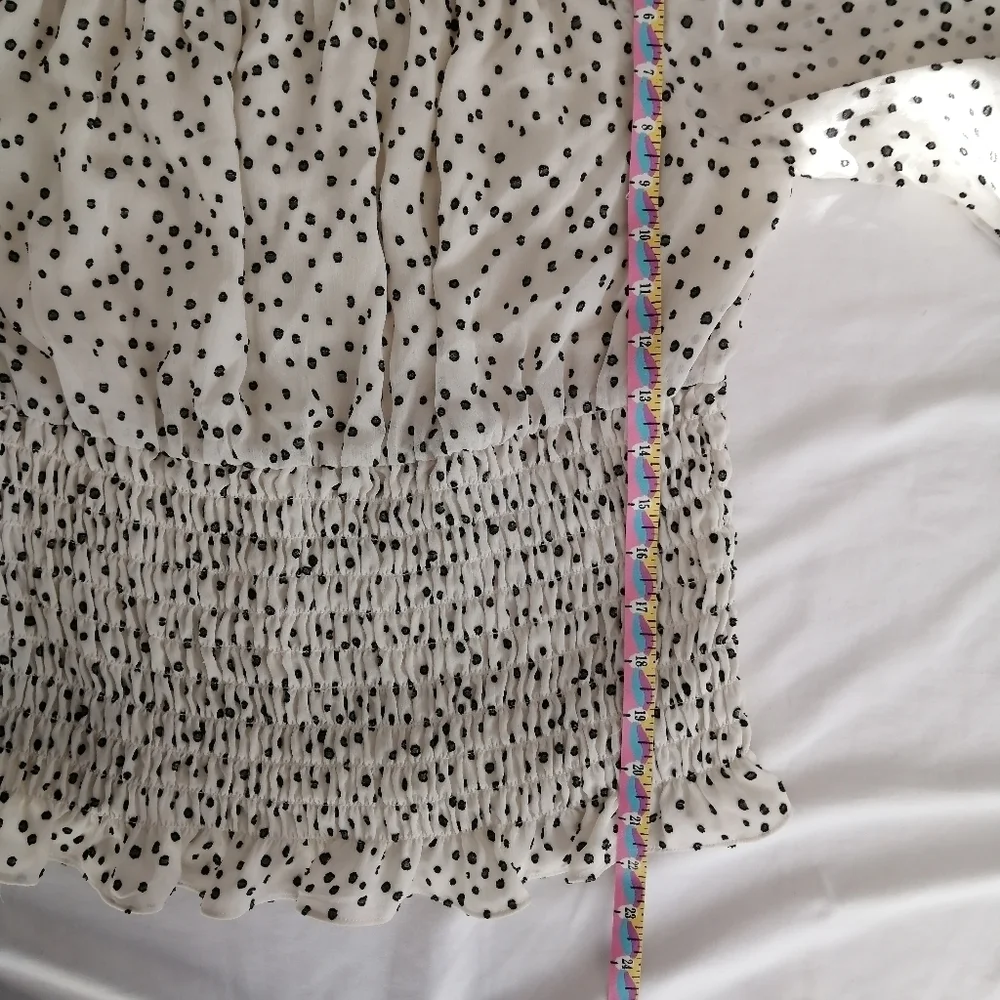 By Anthropologie Lucia Off the Shoulder Smocked Blouse White Polka Dot Large - Picture 15 of 16